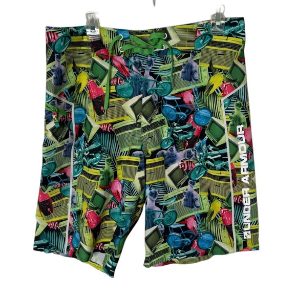Under‎ Armour Board Shorts Men 32 Loose Retro Colorful Cat Tropical Art To Wear - Picture 1 of 14